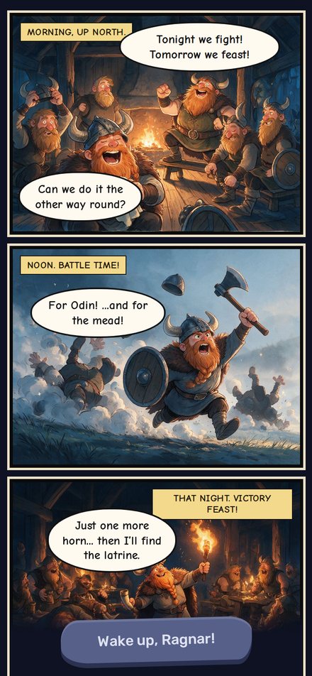 The intro comic: morning up north, the battle and the victory feast